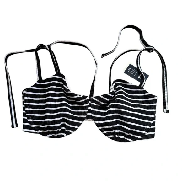 NWT Abercrombie & Fitch Black and White Curve Love Tie- Strap Striped Bikini Top - Picture 2 of 7